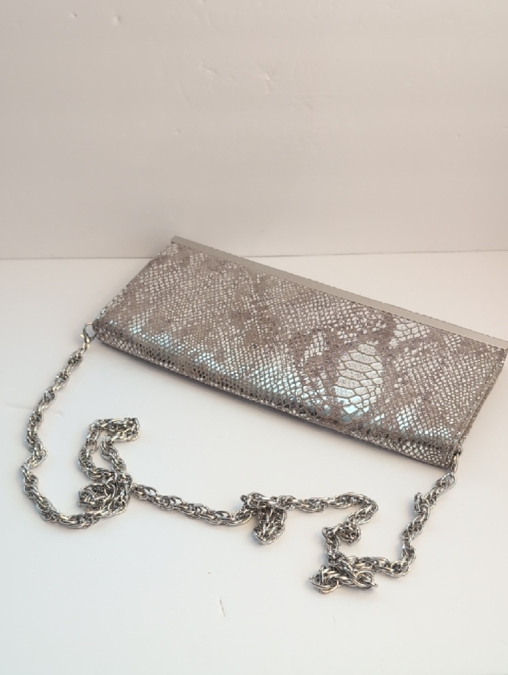 White House Black Market Silver Snake-Embossed Chain Clutch - Picture 11 of 14